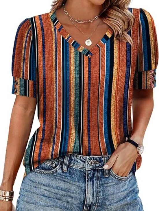 Tops - OFEEFAN Womens Tops Short Sleeve Shirts Buttons V Neck Spring Fashion Summer Out